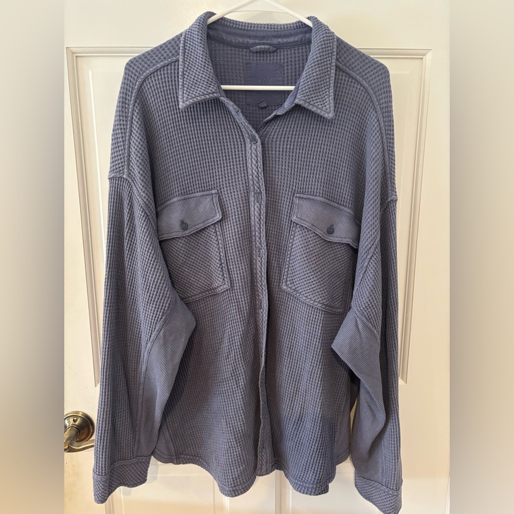 aerie Waffle-Knit Button-Up Shacket in Slate Blue